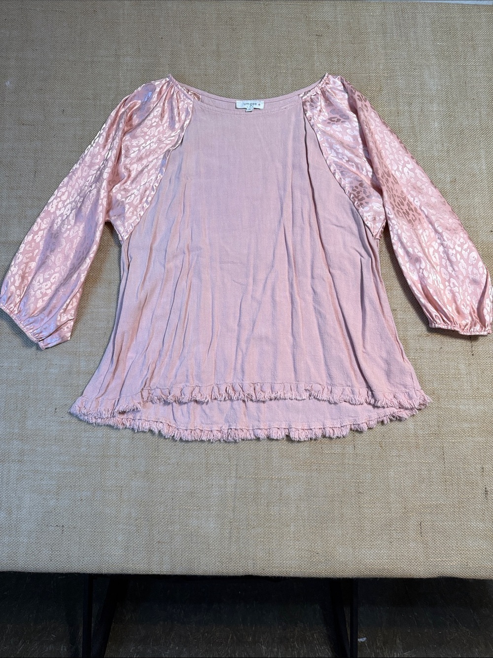 Umgee Blush Pink Blouse with Satin Leopard-Print Sleeves